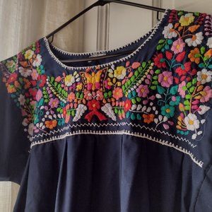 navy blue baby doll bohemian embroidery top XL